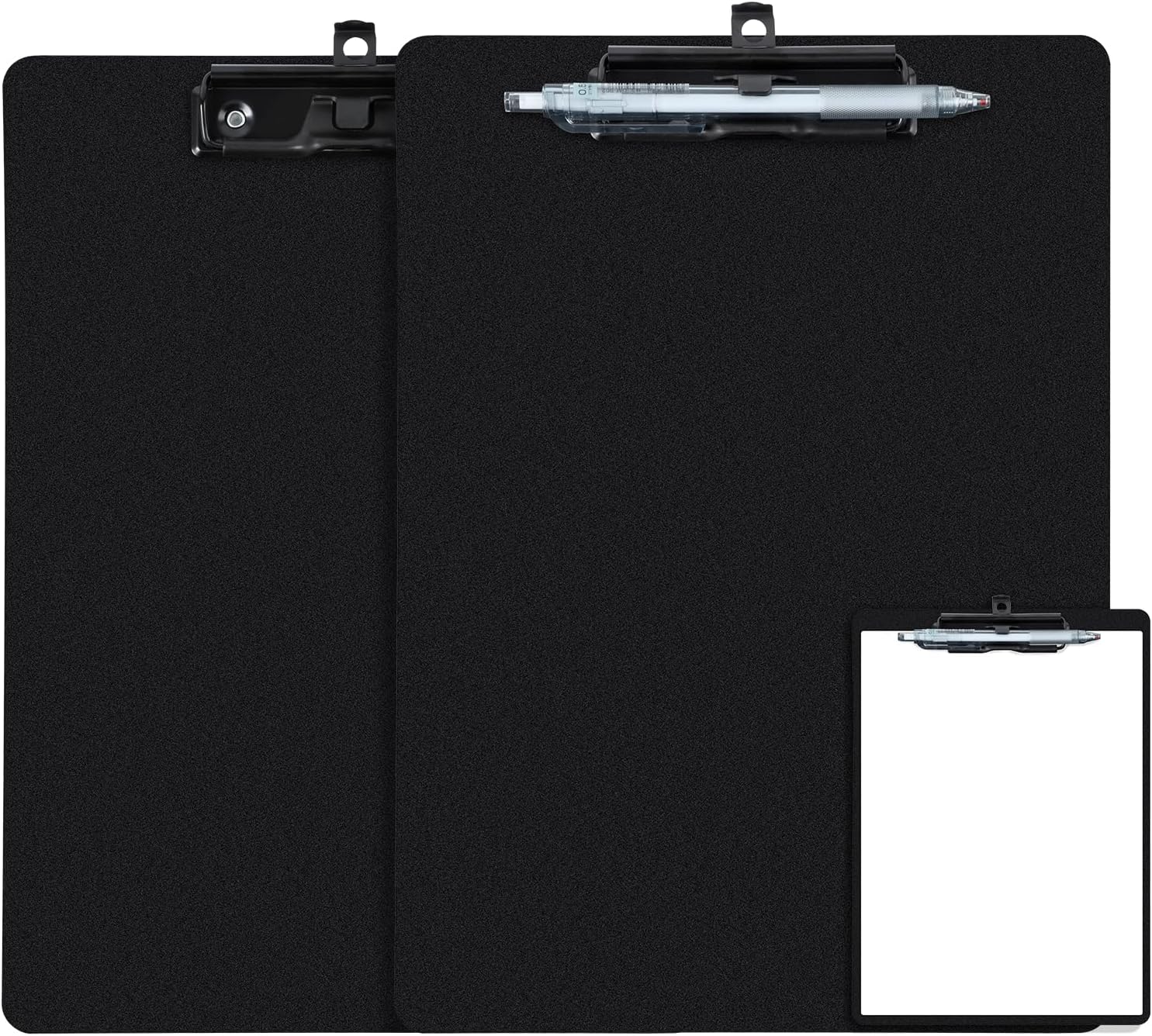 Black Clipboard with Pen Holder, 2 Pack Plastic Clipboard with Low Profile Metal Clip, Hanging Clip Boards Holds 8.5x11 Inch Papers, Standard A4 Letter Size Clip Boards for Offices & School