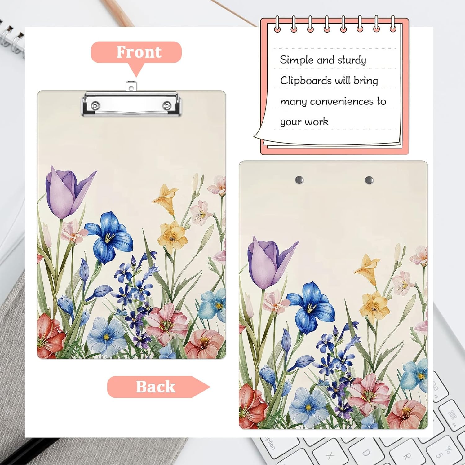 Boho Spring Wildflowers Plastic Clipboards,Cute Fashion Clipboard Decorative 8.5" x 12.5"Standard A4 Size Clipboards,Acrylic Clipboard for Teacher,Social Worker,Students,Nurse,Office Supplies