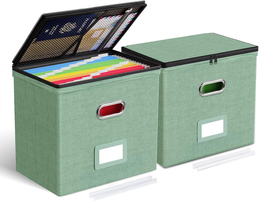 Oterri 2 Pack File Organizer Boxes with Lids, File Box with Mesh Pockets, Document Organizer Box for File Folders Letter Size, Zippers Filing Box for Home, Office, School (Green, Without Folders)