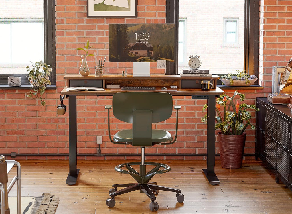 FEZIBO 40 x 24 Inch Height Adjustable Electric Standing Desk with Double Drawer, Computer Desk, Home Office Stand Up Table with 4 Height-Adjustable Feets & 2 Hooks, Rustic Brown