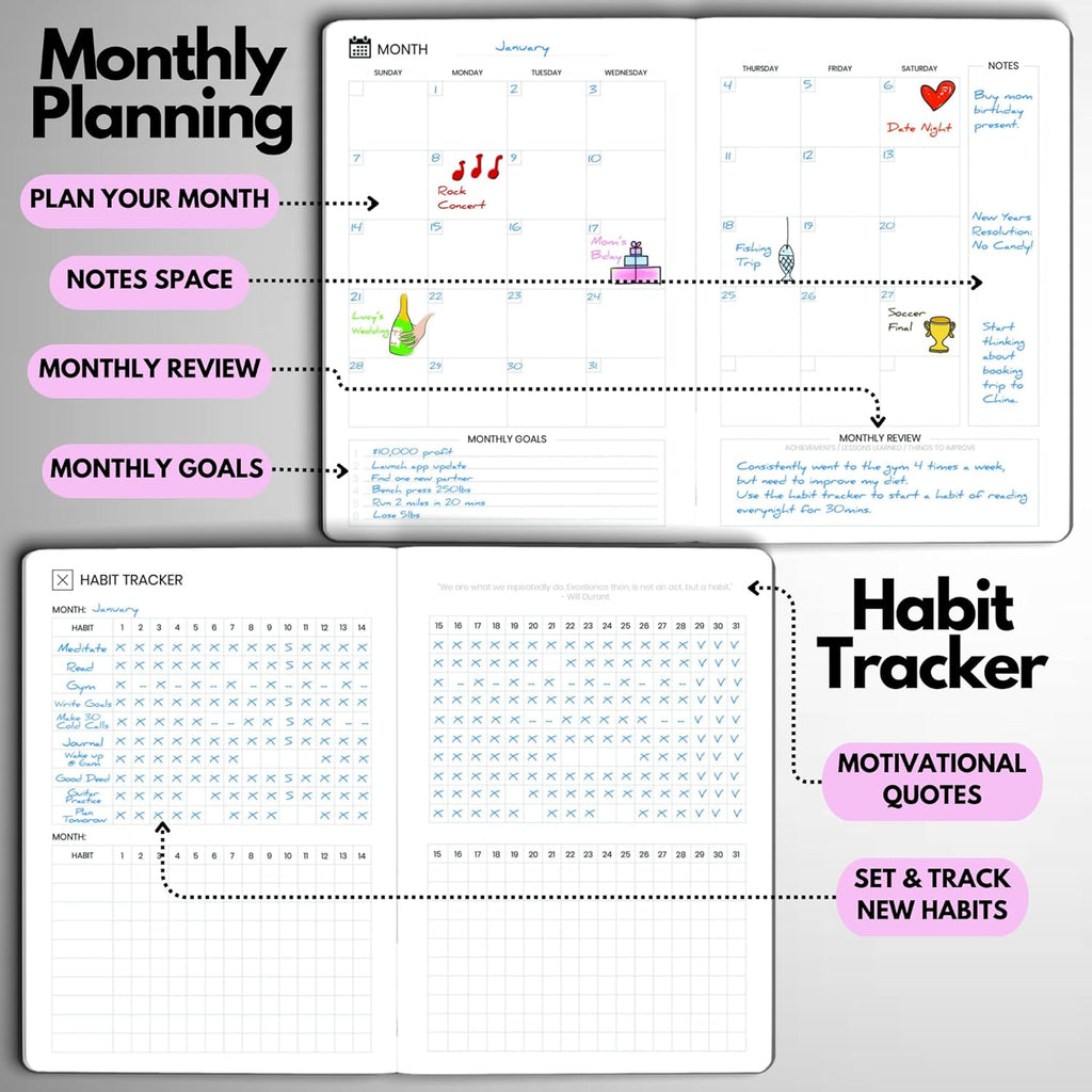 Undated Daily Planner – 6-Month A5 Productivity Organizer with Full Page Per Day, Hourly Schedule, Goal Setting, Habit Tracker, Weekly & Monthly Pages – Hardcover Time Management Notebook (Lilac)