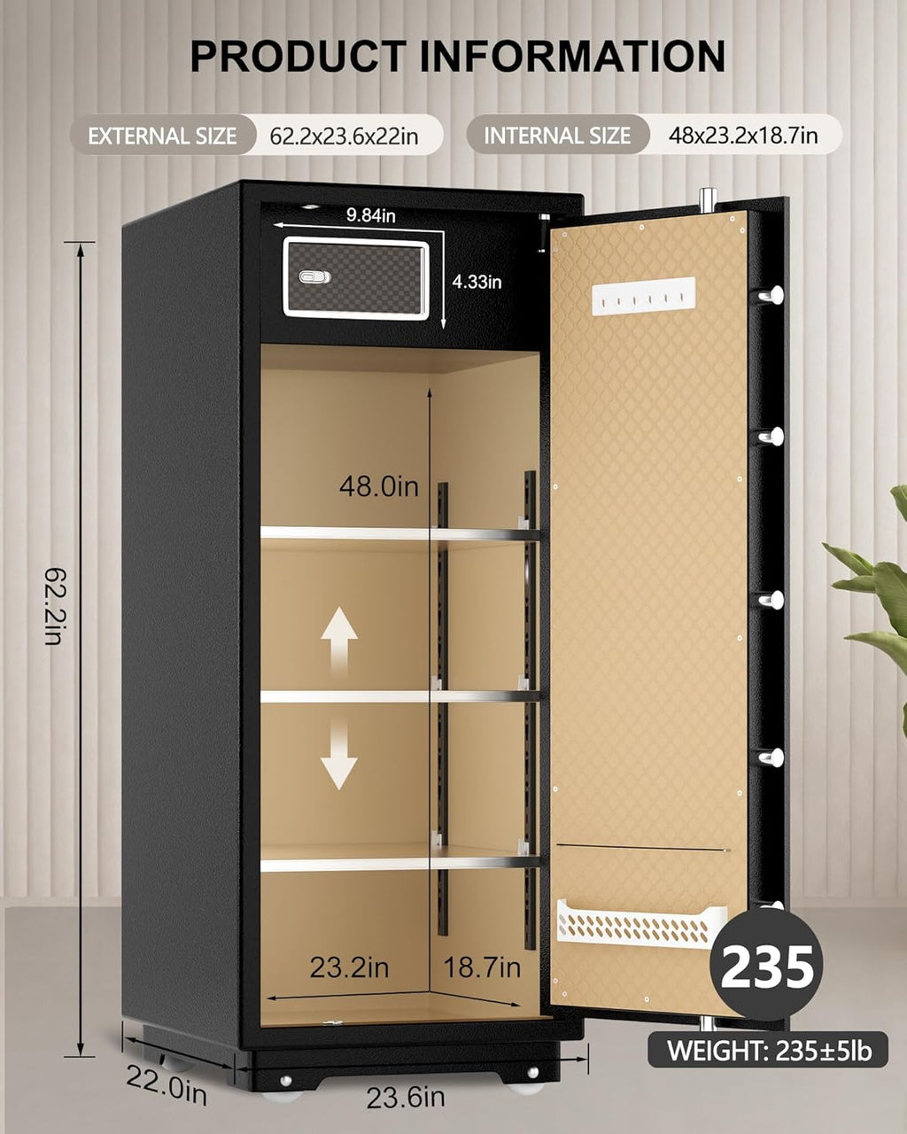 【US STOCK】TIGERKING 17.6 Cubic Feet Extra Large Heavy Duty Safe Box, Home Safe with Double Safety Key Lock and Separate Lock Box, Digital safe with 3 Removable Shelf for Home Hotel Office,235lbs