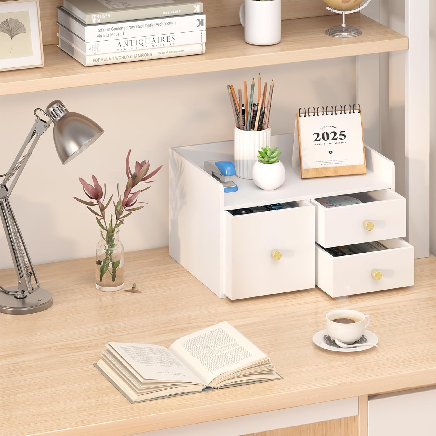 Bamboo Desk Organizer - Stackable, No Assembly Required, Ideal for Office/Home Use - Perfect for Toiletries, Stationery, Accessories. (White, Square drawer to the left of the fence)