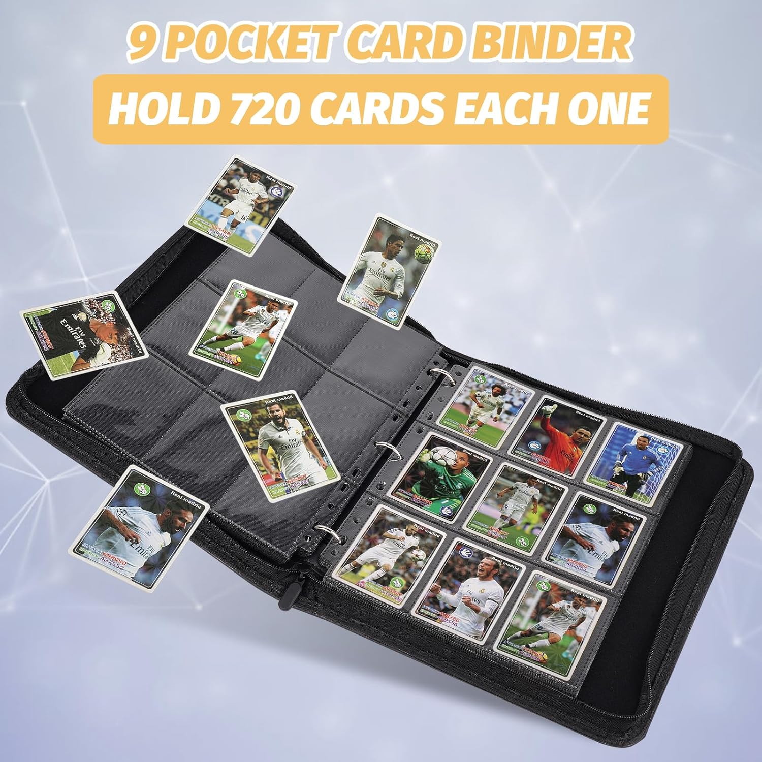 9 Pocket Card Binder, Premium Zip Trading Card Binder, 720 Double Sided Pocket PU Card Collection Binder, Collector Card Album, Card Folder for MTG, TCG, Sports Cards, Game Cards (YELLOW)