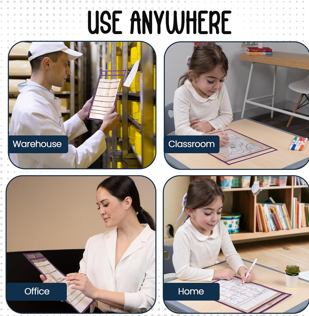 Essex Wares - 6 Pack, Grape, Durable Water-Resistant Dry Erase Pocket Document Protectors, 10" Wide x 13.5" Tall - Dry Erase Clear Plastic Sleeves - Reusable & Easy Erase Plastic Invoice Holders