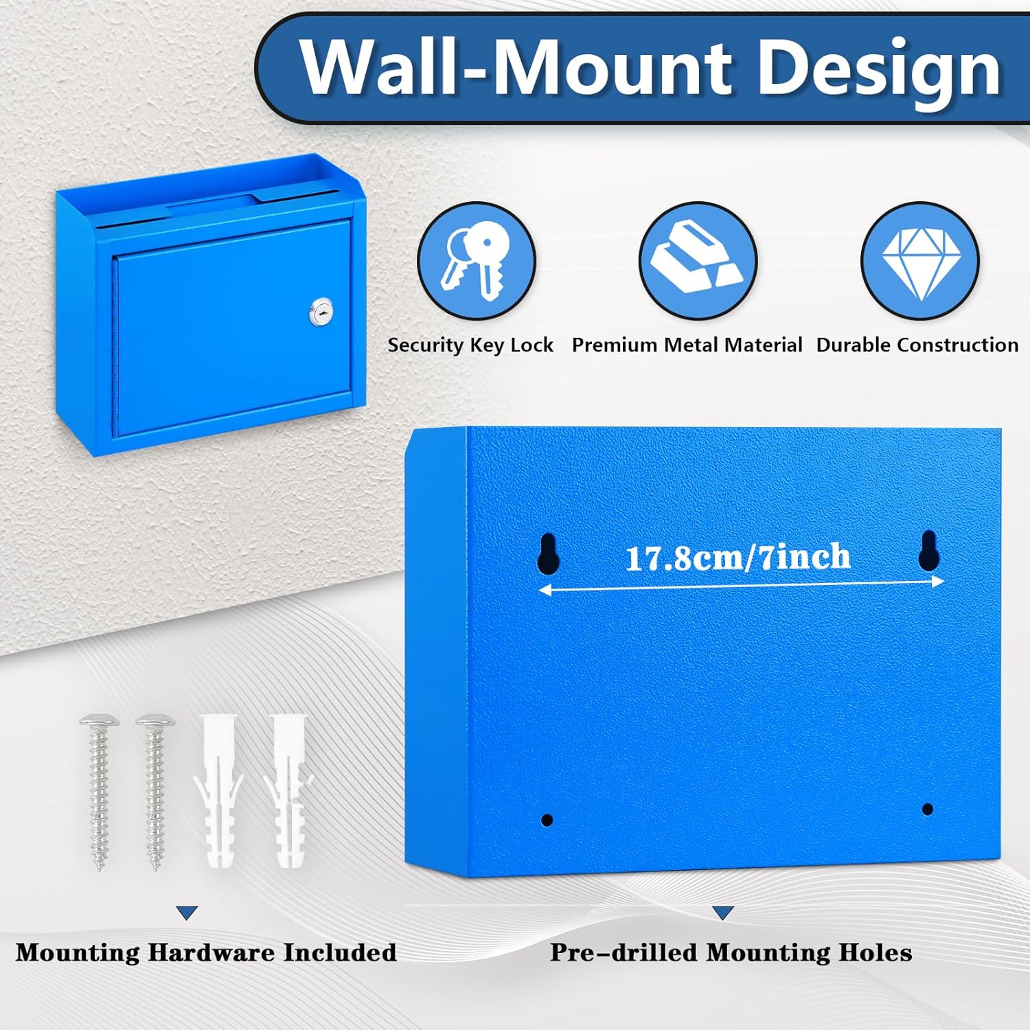 Kyodoled Suggestion Box,Locking Mailbox, Key Drop Box, Wall Mounted Mail Box,Safe Lock Box,Ballot Box,Donation Box 9.8" W x 3" D x 7" H, Blue
