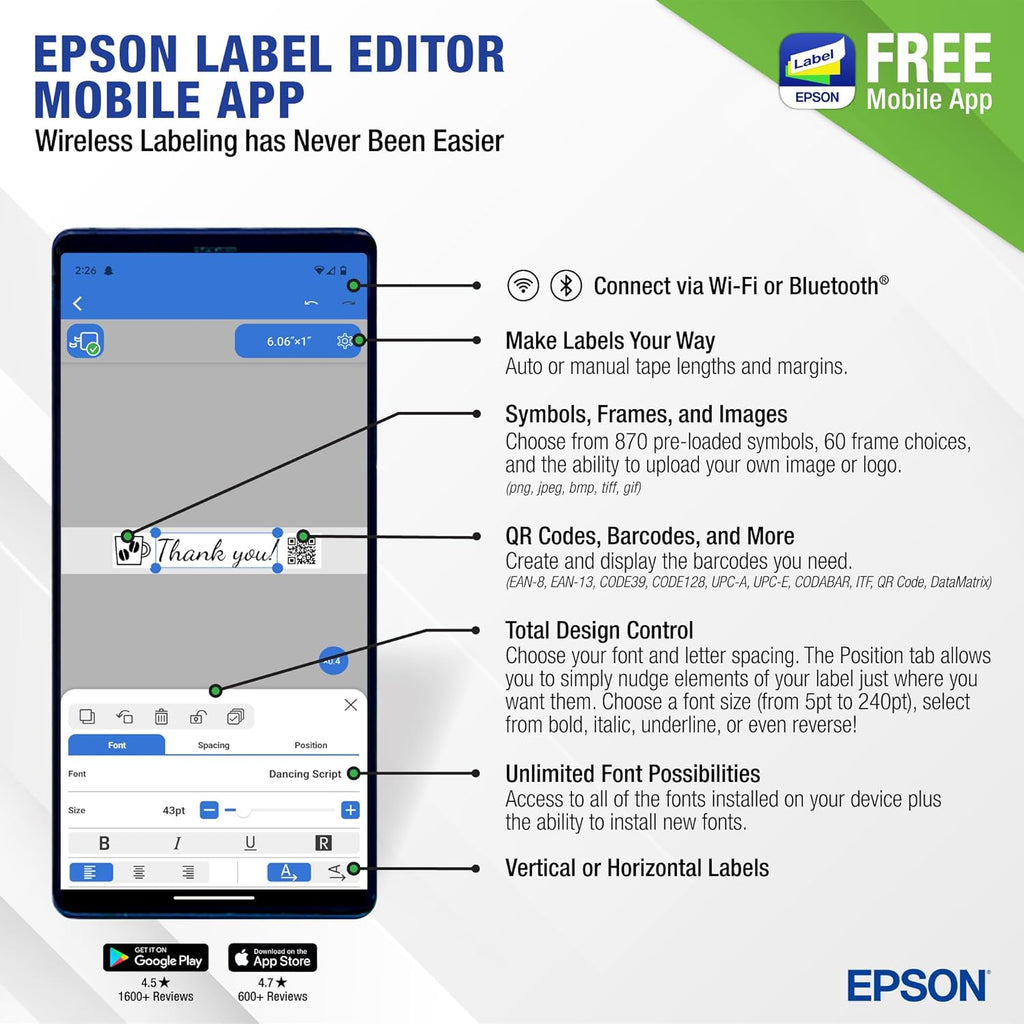 LABELWORKS Epson LW-C610PX-BLK Premium Portable Bluetooth Label Machine Printer with AC Adapter – Create Labels for Crafts and Organization, Designer Tape Supported, App Compatible