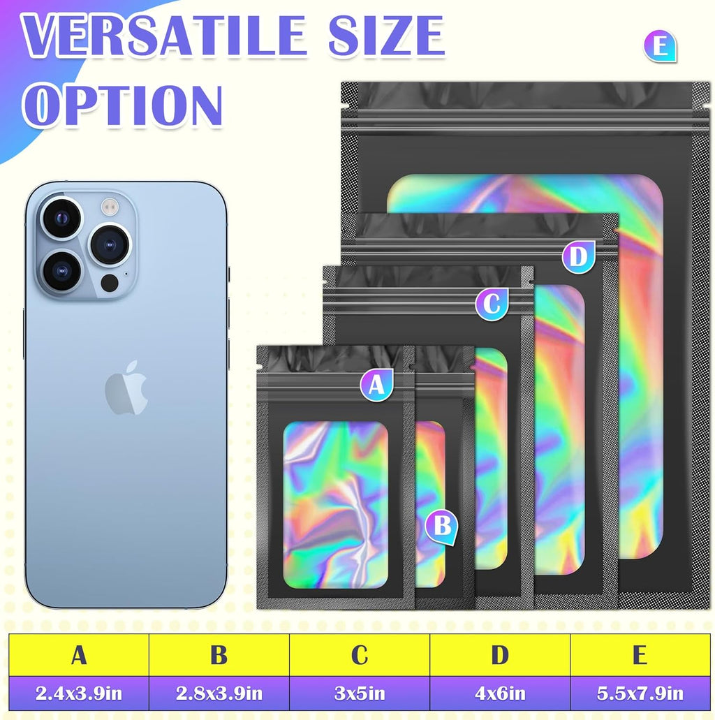 100 PCS Black Smell Proof Bag, Mylar Bags, Holographic Bags with Clear Window, Resealable Bag for Small Business, Packaging for Bracelets, Jewelry, Candy, Gift（3x5in）