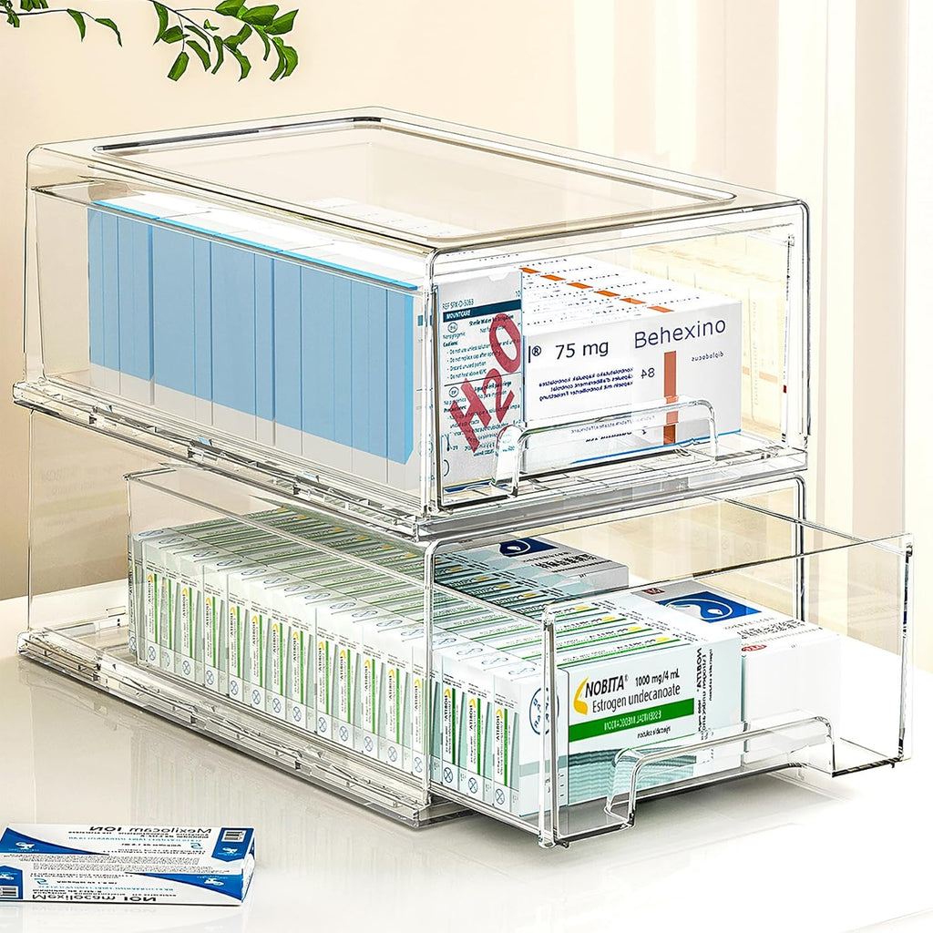 clear Drawer-Type Plastic Storage Box Bins Organizer，Family First Aid Kits Medicine cabinet Box Organizer,Closet ，Shelf，Ointments, Adhesive Bandages，Cosmetics,Office Items (clear, 2L)