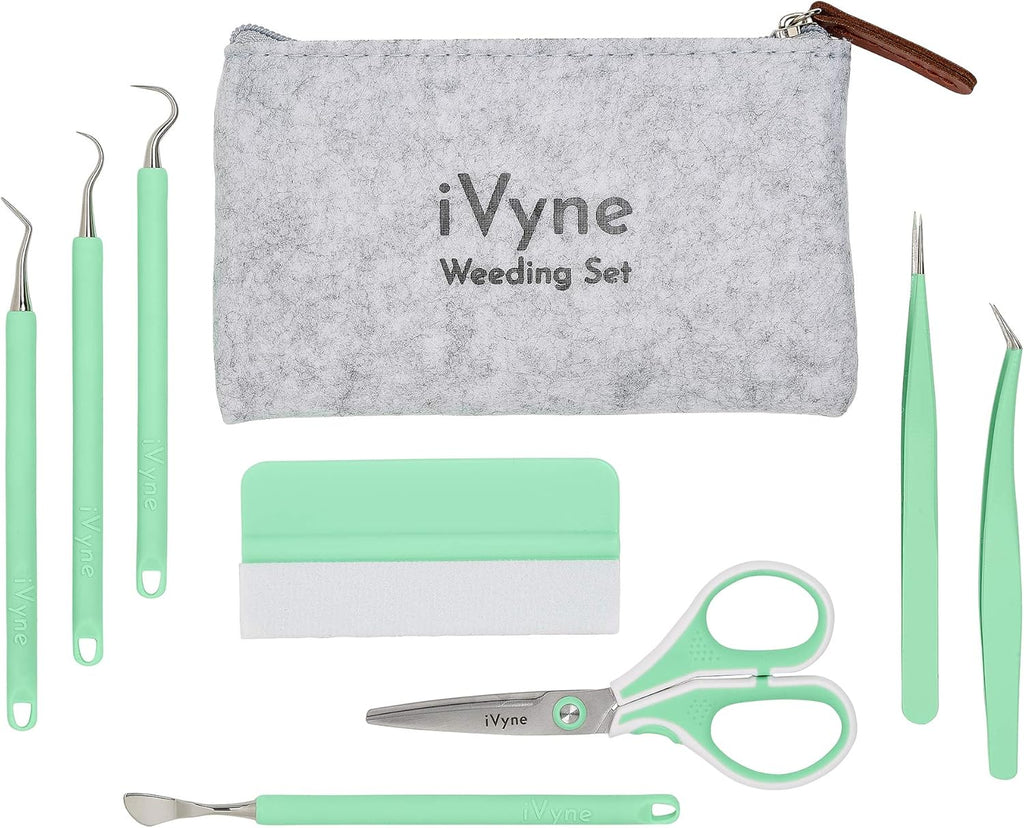 iVyne (8pcs) Berry Essentials Silicone Vinyl Weeding Tool Kit Soft Grip Weeding Tools for Vinyl with Weeder, Tweezers, Picker, Scissors and Scraper Set for Silhouette Cameos and Cricut Craft (Green)