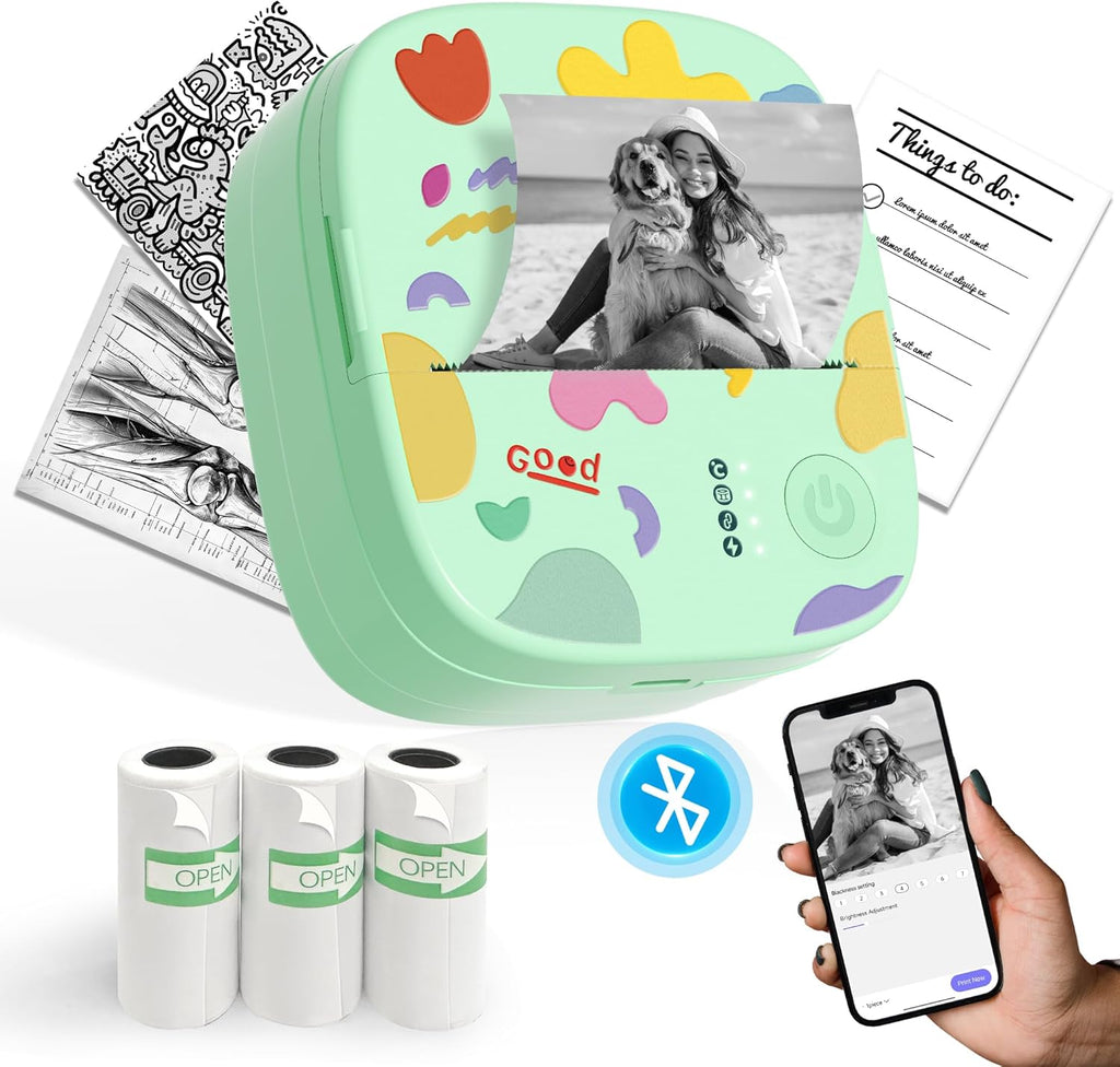 Mini Portable Sticker Printer, Mini Thermal Printer with 3 Rolls Paper, Bluetooth Inkless Printpods, Pocket Label Maker Suitable for Kids Creative DIY, Diaries, Photos, Study Notes-Green