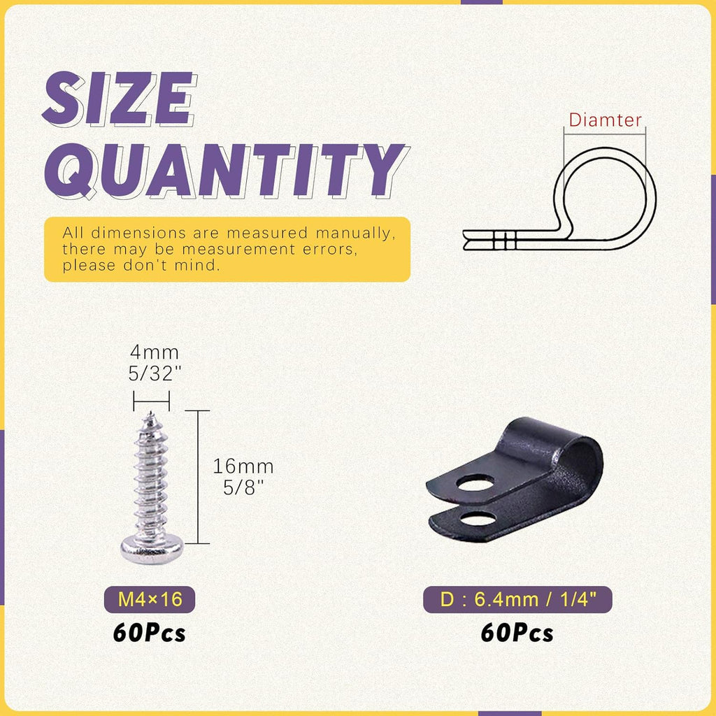 Swpeet 60 Pack Black 1/4 Inch Nylon Plastic R-Type Cable Clips Clamp Kit, Nylon Screw Mounting Cord Fastener Clips with 60 Pack Screws for Wire Management