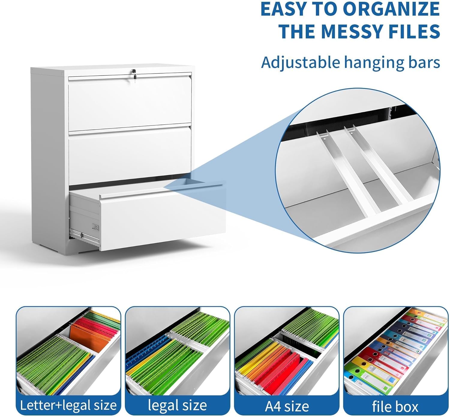 Lateral File Cabinet 3 Drawer, Metal File Cabinets for Home Office Legal/Letter A4 Size, File Cabinet with Lock, Require Assembly, White
