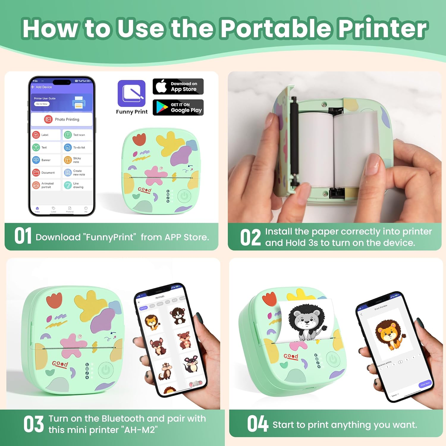 Mini Portable Sticker Printer, Mini Thermal Printer with 3 Rolls Paper, Bluetooth Inkless Printpods, Pocket Label Maker Suitable for Kids Creative DIY, Diaries, Photos, Study Notes-Green