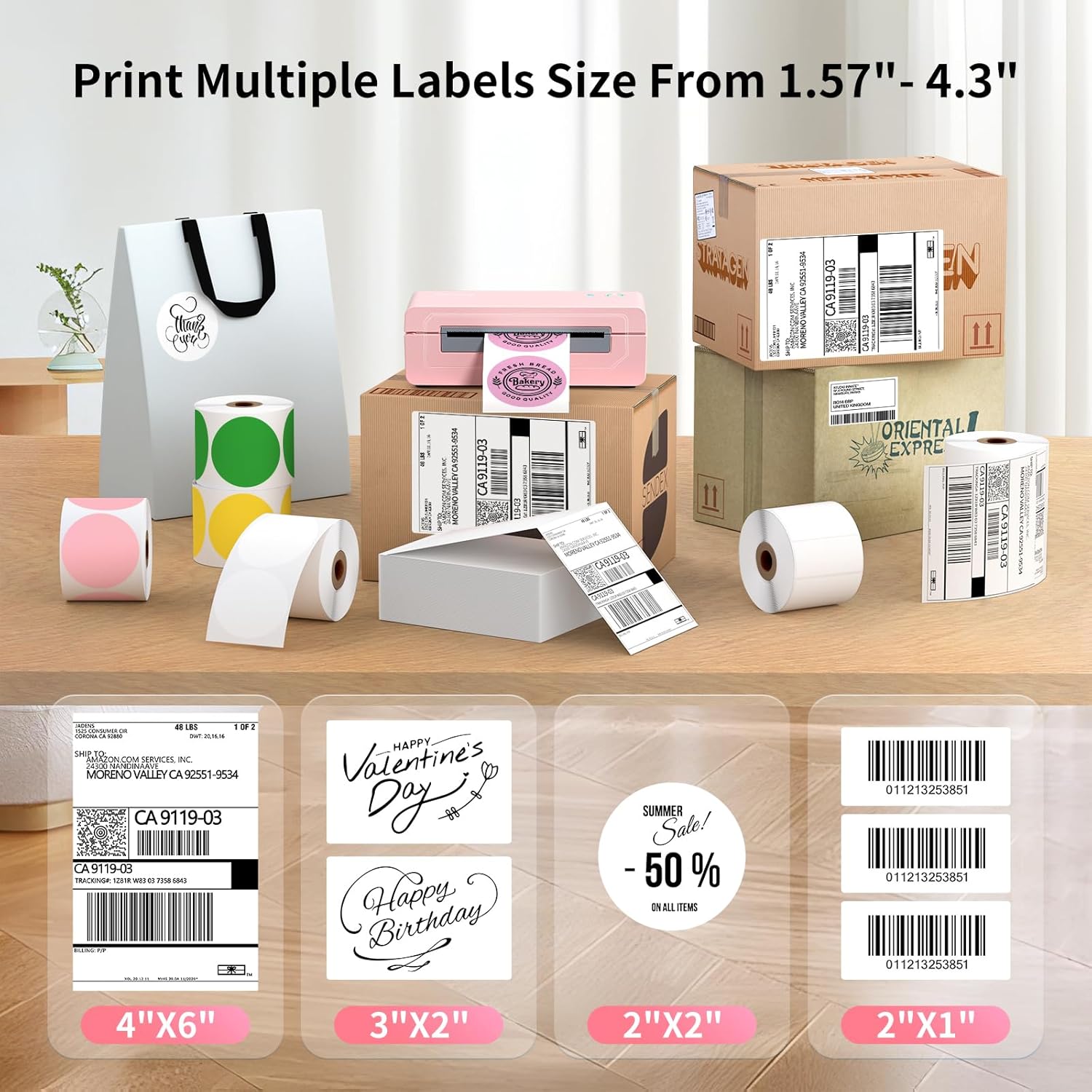 Bluetooth Thermal Shipping Label Printer, 4X6 Inkless Label Machine for iOS, Android, Laptop, Wireless Printer for Small Business, Compatible with Amazon, UPS, Shopify, Pink