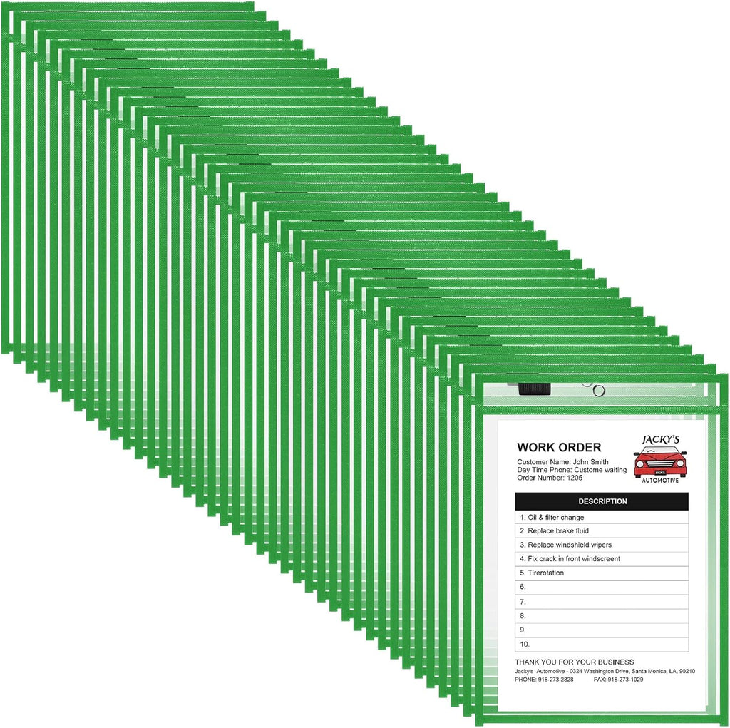Nezyo Dry Erase Pockets Plastic Job Ticket Holders Shop Holder Order Pockets Clear Sleeves Tickets Folders Plastic Sleeves Paper Teacher Supplies for Classroom(12 x 9.5 in,Green,50 Pcs)