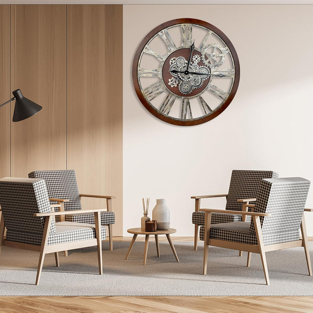 The B-Style Large Real Moving Gears Wall Clock 30 inch Rustic Retro Industrial Farmhouse Wood Clock Oversized Decorative Vintage Wall Clocks for Living Room (Walunt Wood and Bronze)