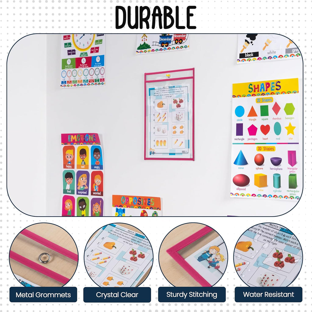 Essex Wares - 6 Pack, Magenta, Durable Water-Resistant Dry Erase Pocket Document Protectors, 10" Wide x 13.5" Tall - Dry Erase Clear Plastic Sleeves - Reusable & Easy Erase Plastic Invoice Holders