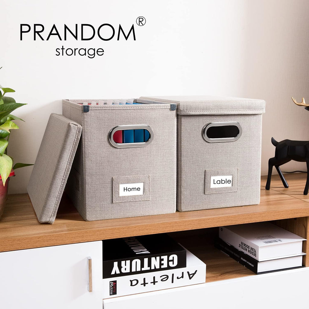 PRANDOM File Organizer Box - Set of 2 Collapsible Decorative Linen Filing Storage Hanging File Folders with Lids Office Cabinet Letter Size Light Grey (14x9.3x10.8 inch)