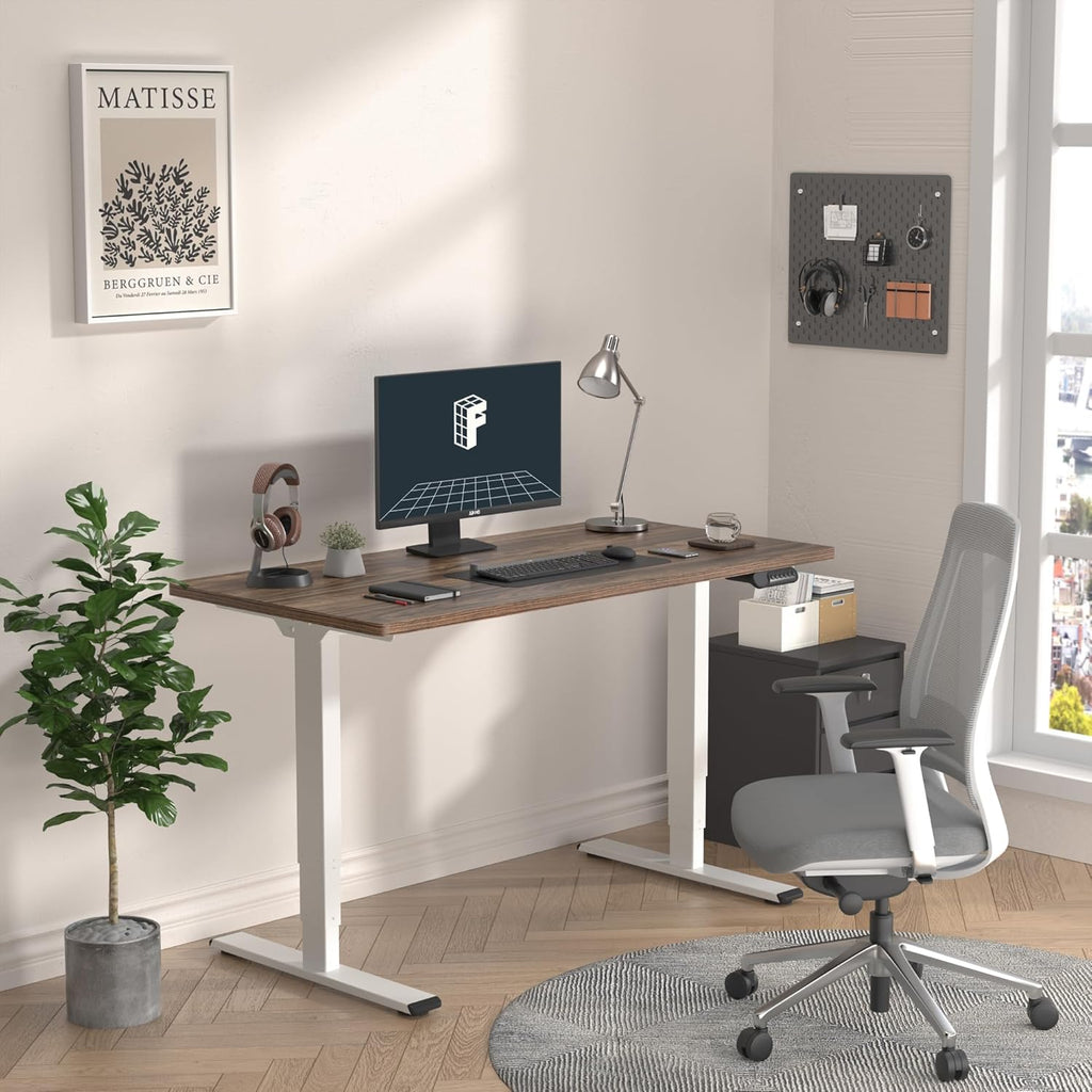 FLEXISPOT E6 Essential 3 Stages Dual Motor Electric Standing Desk 55x28 Inch Whole-Piece Board Height Adjustable Electric Sit Stand Desk(White Frame + Brown Wood Grain Desktop, 2 Packages)