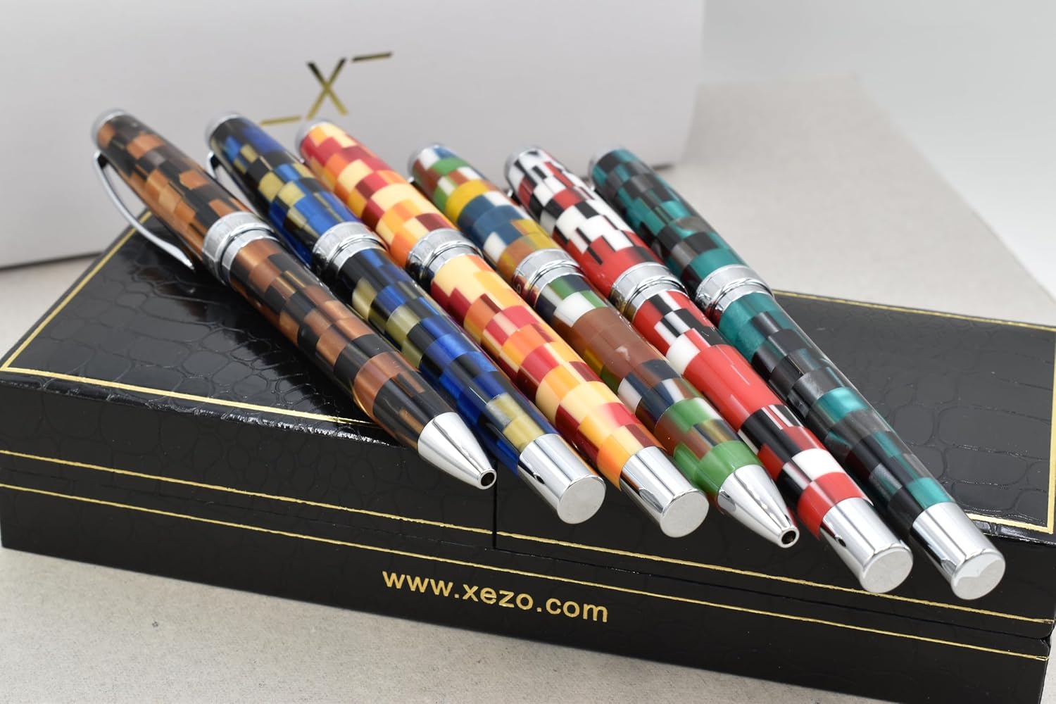 Xezo Urbanite Fountain Pen, Medium Nib. Retro Red, Yellow, Orange, and Cream Acrylic on Brass. Chrome Plated. Limited Edition and Serialized. No Two Alike
