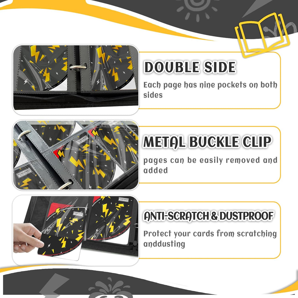 Trading Card Binder 4 Pocket，Card Binder 400 Pockets Card Book Holder Cards with 50 Removable Sleeves，3-Ring Zip Design MTG/TCG/Sport Collectible Trading Card Albums Gifts for Boys and Girls (Black)