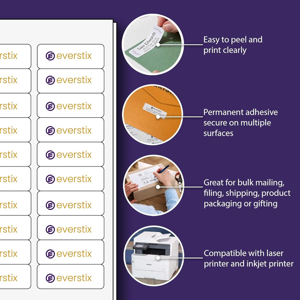 1" x 2-5/8", 25 Sheets, 750 Mailing Address Labels, White Sticker Labels for Laser & Inkjet Printers, Permanent Adhesive