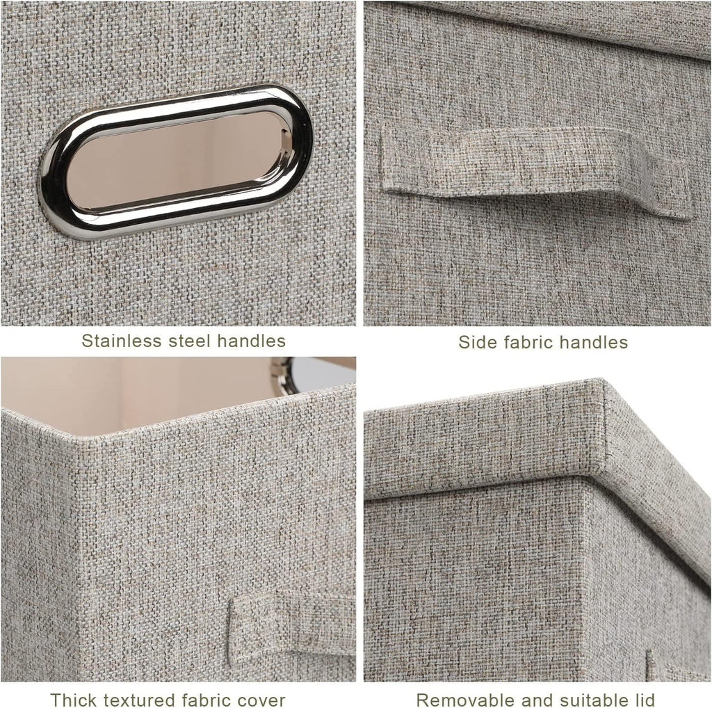 Medium 15" 21 Quart Collapsible Stackable Storage Bins with Lids, 5 Packs Beige Foldable Fabric Closet Boxes Heavy-duty Lidded Linen Cube Baskets Container Organizers and Storage
