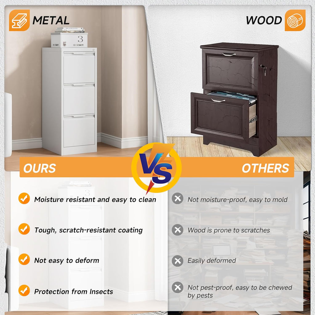 Bestoo 17.8" D File Cabinet, 3 Drawer Metal Filing Cabinets with Lock, Locking Vertical File Cabinet for Letter/Legal/A4/F4 Size, Easy Assemble (White)