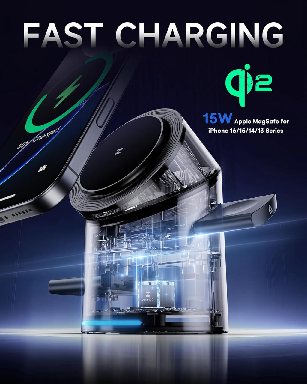 ZEEHOO 3 in 1 Charging Station for Apple Devices, Mag-Safe Charger Stand, Qi2 15W Auto-Rotating Wireless Charger for iPhone 16/15/14/13/12 Series& AirPods& iWatch(Black)