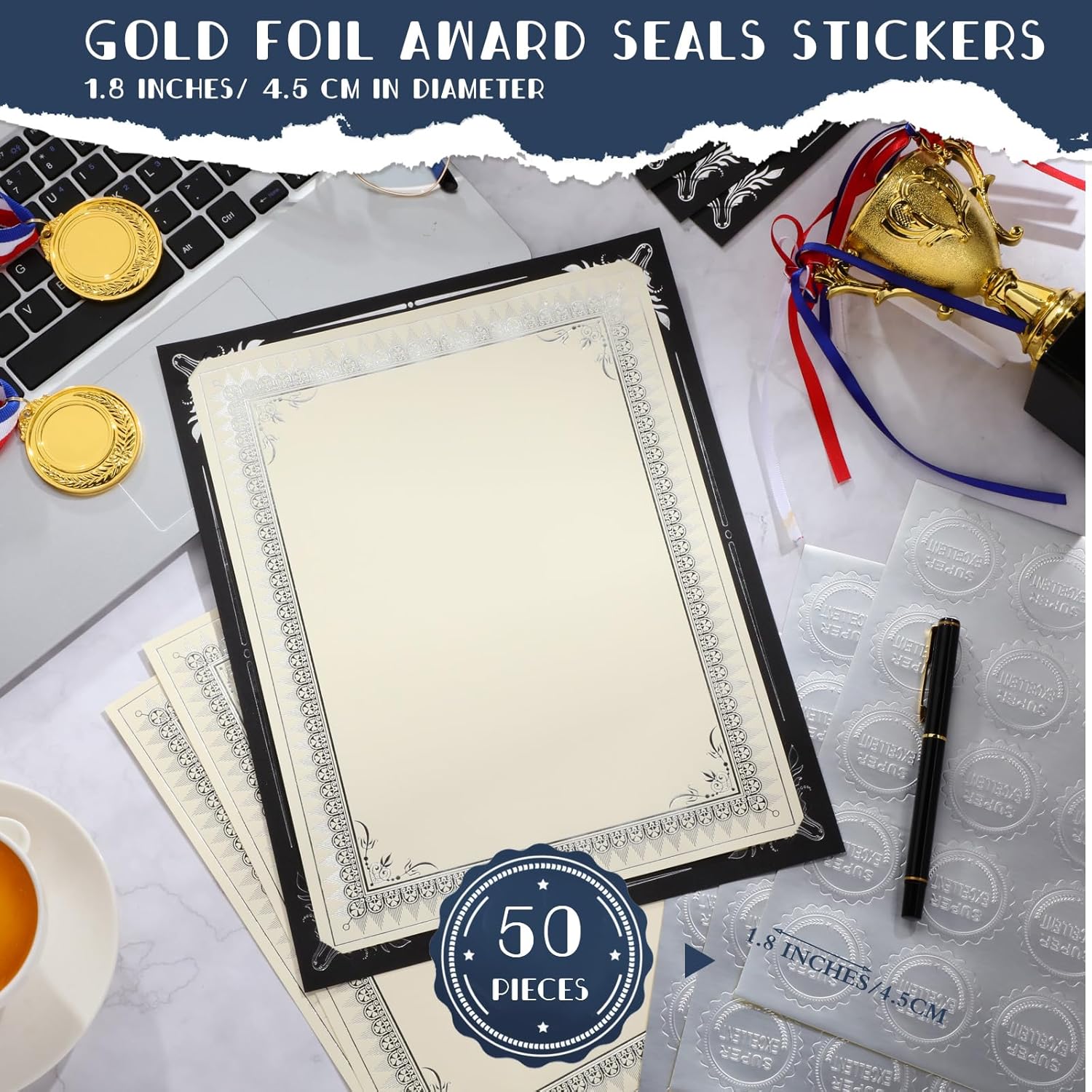Fainne 50 Sets Certificate Kit Includes 50 Pcs 9.5 x 12 Inch Certificate Holders 50 Pcs Letter Size Papers 50 Pcs Foil Award Seals Diploma Covers for Appreciation(Black, Silver)