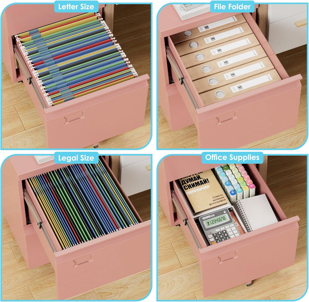 2 Drawer Mobile File Cabinet with Lock,Under Desk Metal Filing Cabinets for Home Office Fits Letters/Legal/A4 Size Folder, Assembly Required, Pink