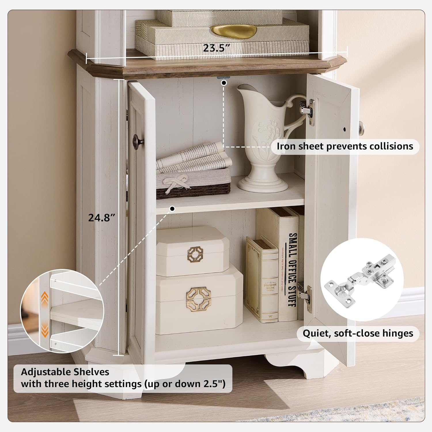 T4TREAM 6-Tier Bookshelf with Storage, 72" Tall Farmhouse Bookcase with Doors and Adjustable Shelves, Wooden Floor Standing Display Book Shelf Organizer for Home Office, Antique White