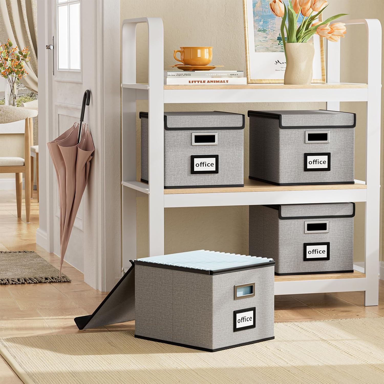 Huolewa Upgraded Portable File Organizer Box with Lid, Collapsible Linen Hanging Filing Storage Boxes with Plastic Slides, Decorative Home/Office Filing System Box for File and Folders Storage (Gray)