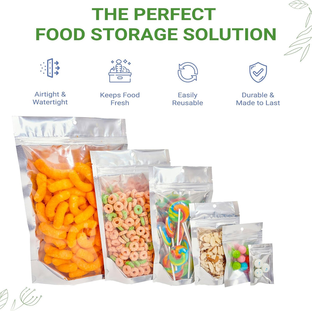 100 Pack 7.5" x 11.5" Clear/Silver Resealable Stand Up Pouch Bags Mylar Food Packaging with Clear Window and Tear Notches
