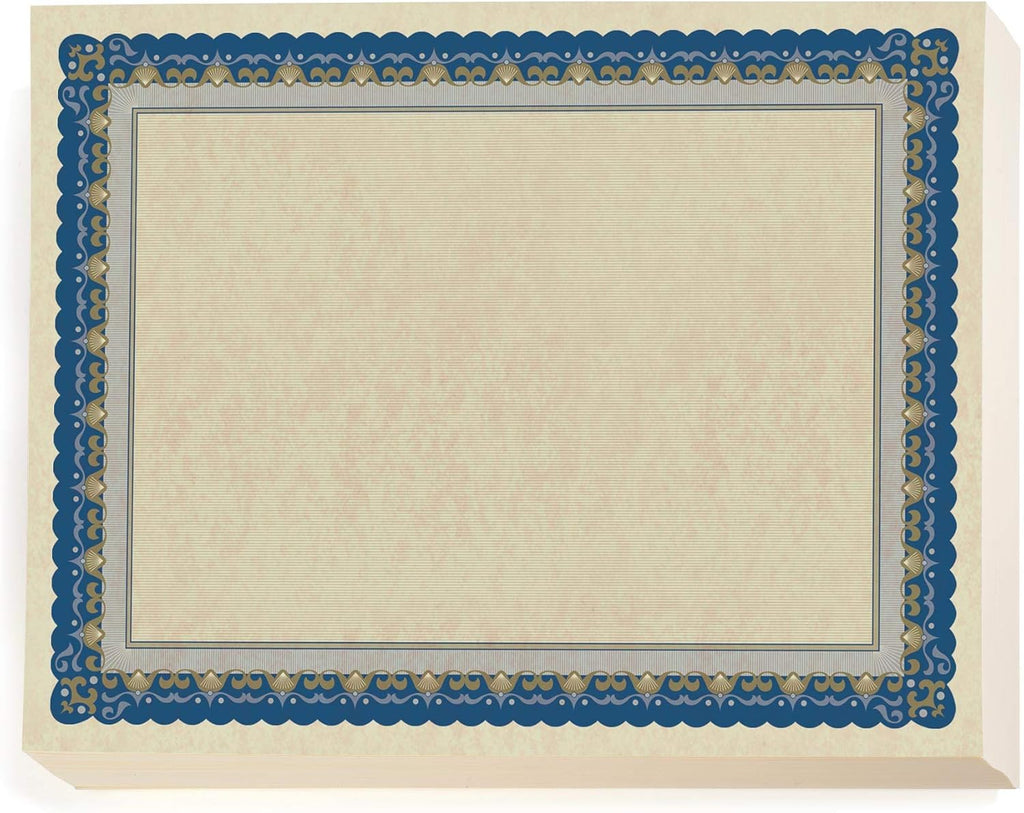 PaperDirect Pageantry Standard Certificate Paper, Blue and Gold Border, 8.5 x 11 Inch, 28lb Parchment Certificates and Awards Paper, 100 Count, for School, Work, Diplomas & Award Certificates