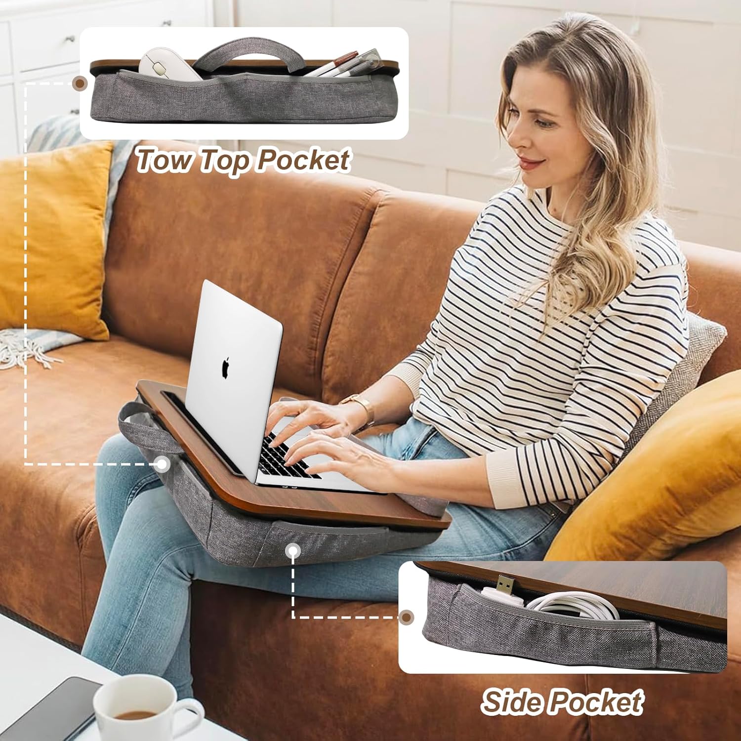 Portable Lap Desk for Laptop with Cushion, Storage Bag Fits Up to 15.6 Inch Laptop, Adults with Ipad/Phone&Pillow Holder for Home Office Bed Couch - Walnut Color