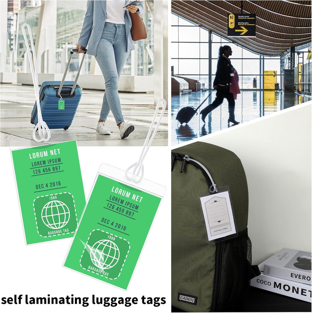 10 Mil Self Laminating Luggage Tags with Loops 2 1/2" x 4 1/4" Self Sealing Laminating Pouches Bag Tags Clear Laminating Tags with Hole for Traveling Business and Student ID Cards (50)