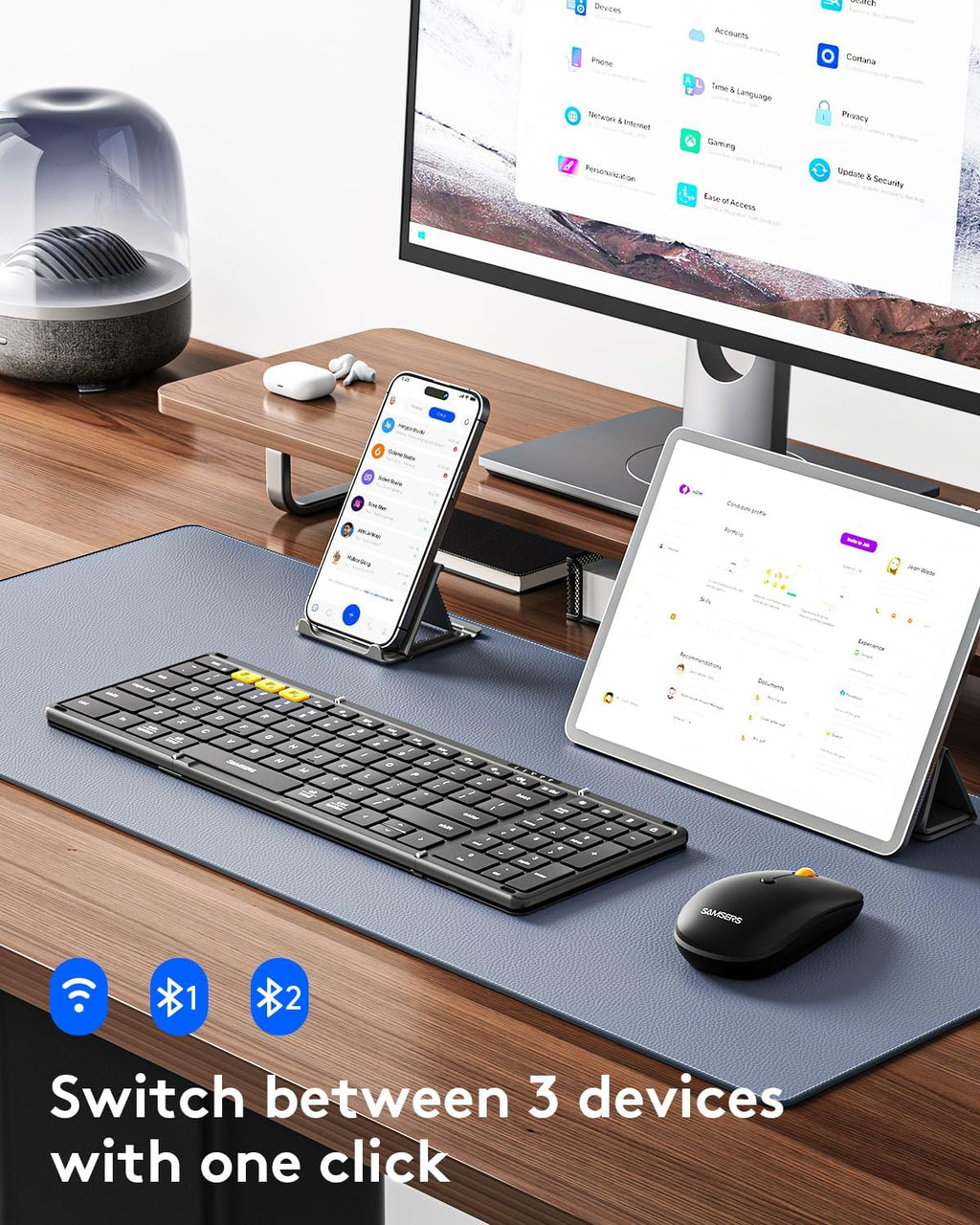Foldable Keyboard and Mouse, Samsers Folding Bluetooth Keyboard Combo, 2.4G + BT5.0 x 2, Full-Size Portable Travel Keyboard & USB-C Rechargeable Wireless Mouse for iOS Android Windows Mac OS