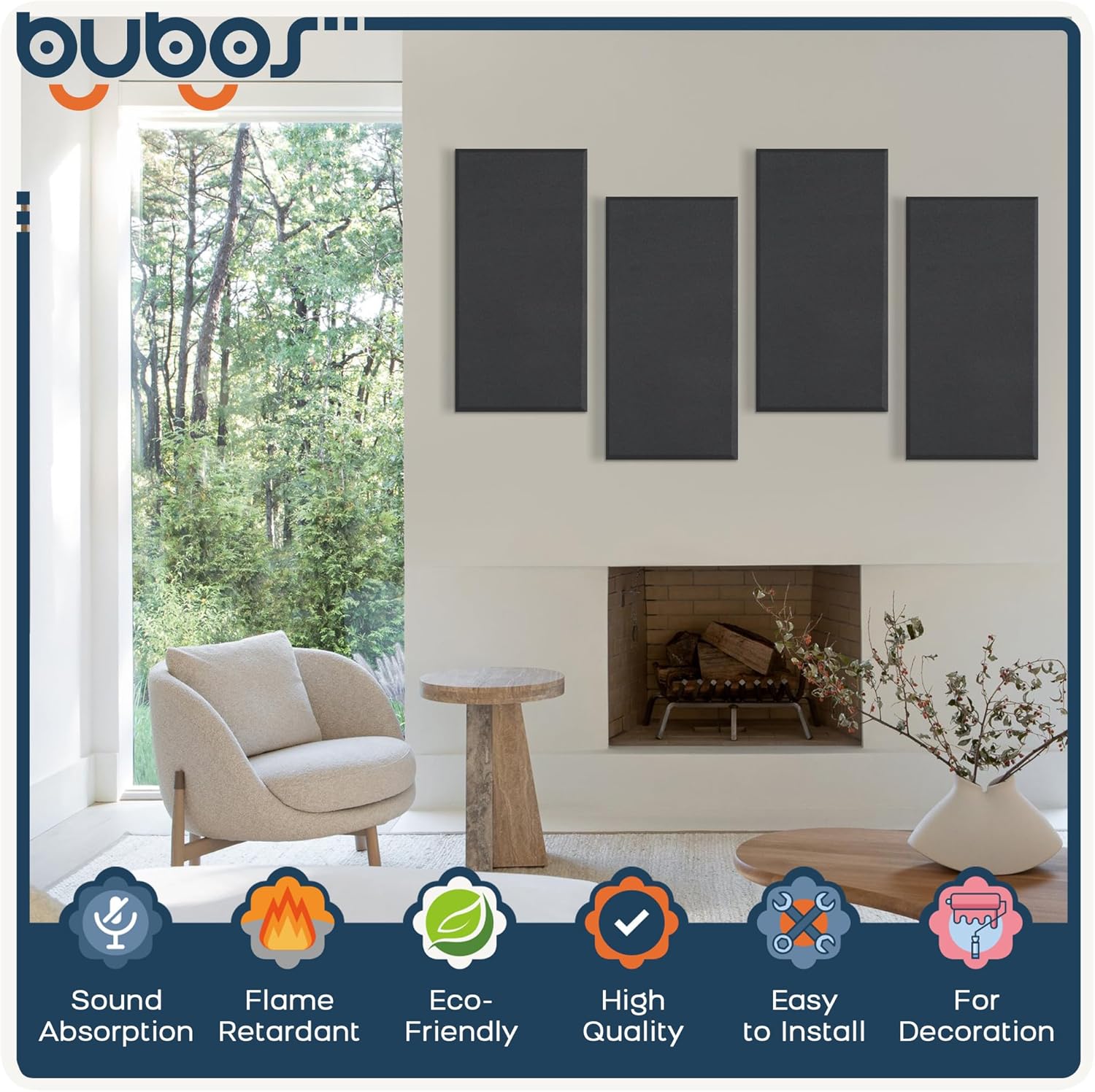 BUBOS 4 PCS Acoustic Panels,23.6''x11.8'' Fabric Soundproof Wall Panels,Self-adhesive Sound Absorbing Panels for Studios, Office, Home Theater,Fabric-Clad Black