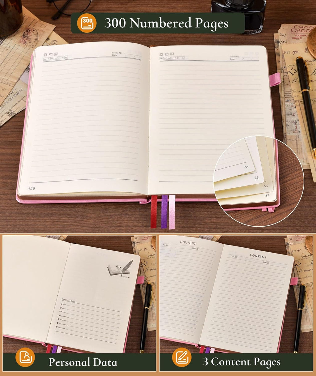 Vintage Leather Journal - 300 Page Lined Journal Notebook with Numbered Pages,A5 Notebook for Women Men,Travel Diary,Daily Journal for Writing, Note Taking, School & Work (5.8" x 8.3")