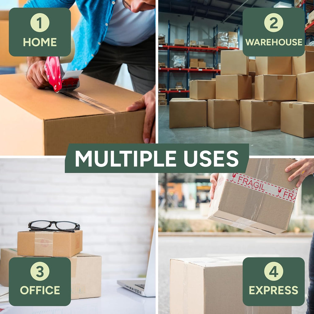 Heavy Duty Tape Dispenser with 6 Clear Packaging Tapes - 48cm X 66m - Metal Dispenser for Moving Boxes, Warehouses or General Packing