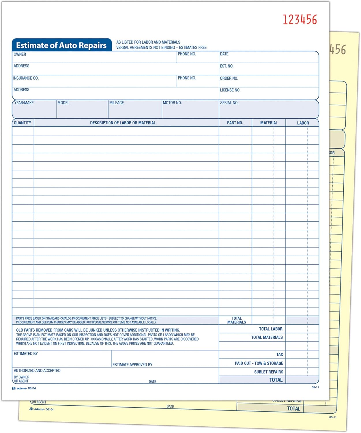 Adams Auto Repair Estimate Book, 2-Part, Carbonless, White/Canary, 8-3/8 x 10-11/16 Inches, 50 Sets per Book (D8104)