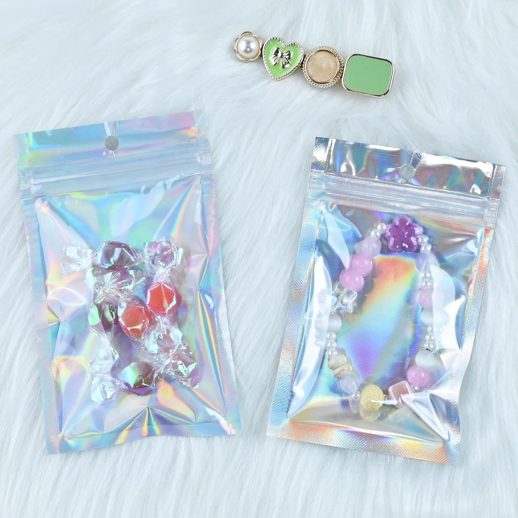 100 Pack Holographic Resealable Plastic Bags for Food Storage, Zipper Bags with Clear Front Window, Packaging Pouch for Small Business (100 Pack, 3x4.8 inch)