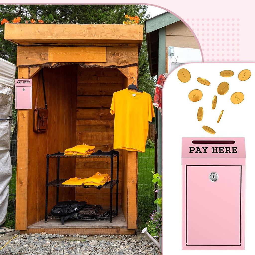 Safe Cash Box Money Collection Metal Donation Box with Lock Wall Mount Pre Drilled Mailbox Delivery Ballot for Home Office Outdoor Self Serve Stand(Pink,10.2 x 5.7 x 2.8 Inch)