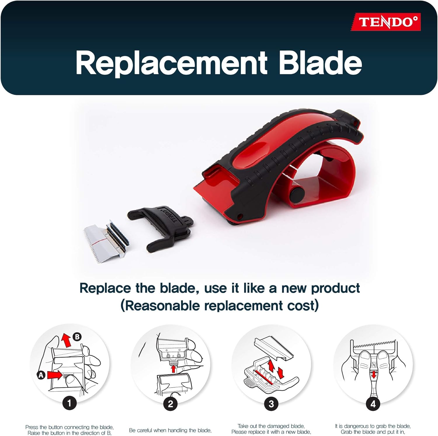 Heavy Duty Shipping Tape Dispenser: TENDO° Essential Line – Reusable, Replaceable, Eco-Friendly 2’’ Master Piece Dispenser with Patented 10° Sloped Chromium Blades - P-1200 (3th Gen.)_Red