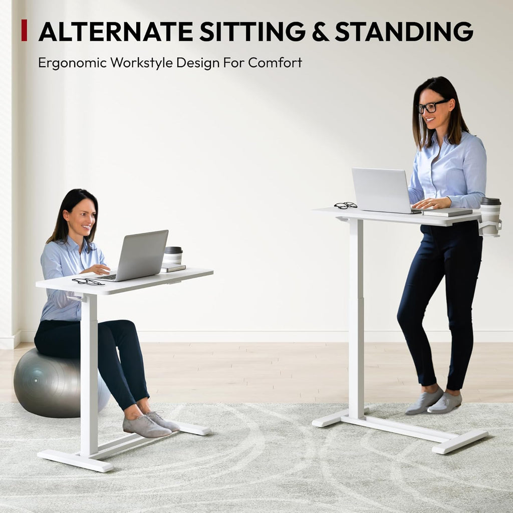 SANODESK Mobile Standing Desk with Hidden Wheels,Pneumatic Laptop Desk Rolling Computer Cart Movable Height Adjustable Small Sit Stand Desk for Home Office(27.6" W x 15.7" D, White)