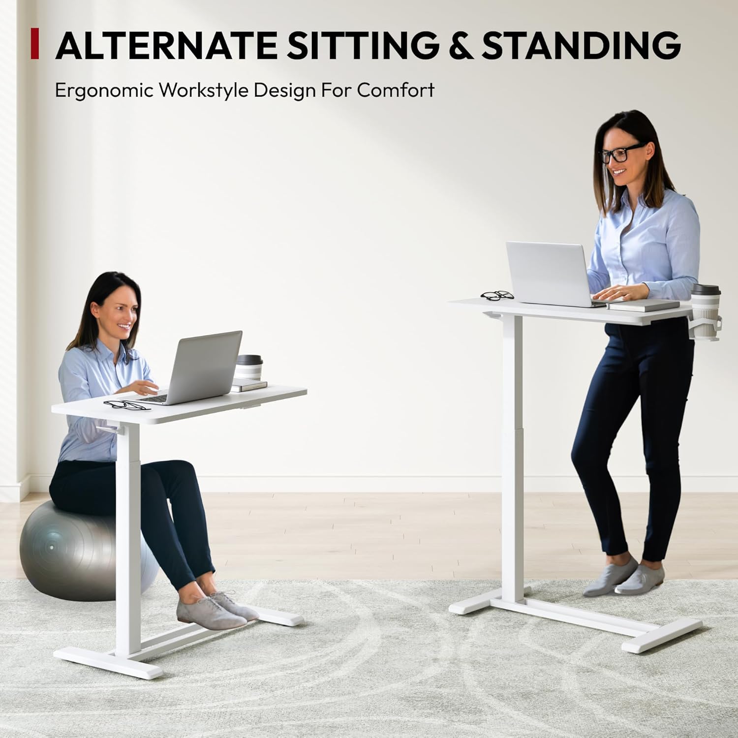 SANODESK Mobile Standing Desk with Hidden Wheels,Pneumatic Laptop Desk Rolling Computer Cart Movable Height Adjustable Small Sit Stand Desk for Home Office(27.6" W x 15.7" D, White)
