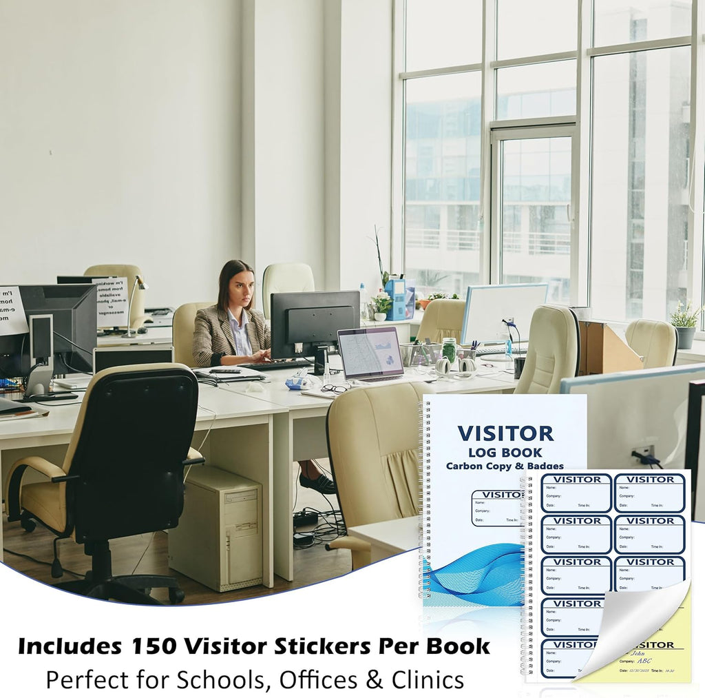 1 Pack of 150 Visitor Log Book Visitor Badges Registry Log with Carbon Copy Visitor Stickers Letter Size Extras Protecting Privacy Pages Spiral Bound Self Visitor Badges Guest Register Book(1)