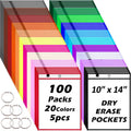100 Packs Oversized Reusable Dry Erase Pocket Sleeves with 6 Rings, 20 Assorted Colors 10x14 Ticket Holders, Clear Plastic Sheet Protectors, Teacher School Classroom Supplies